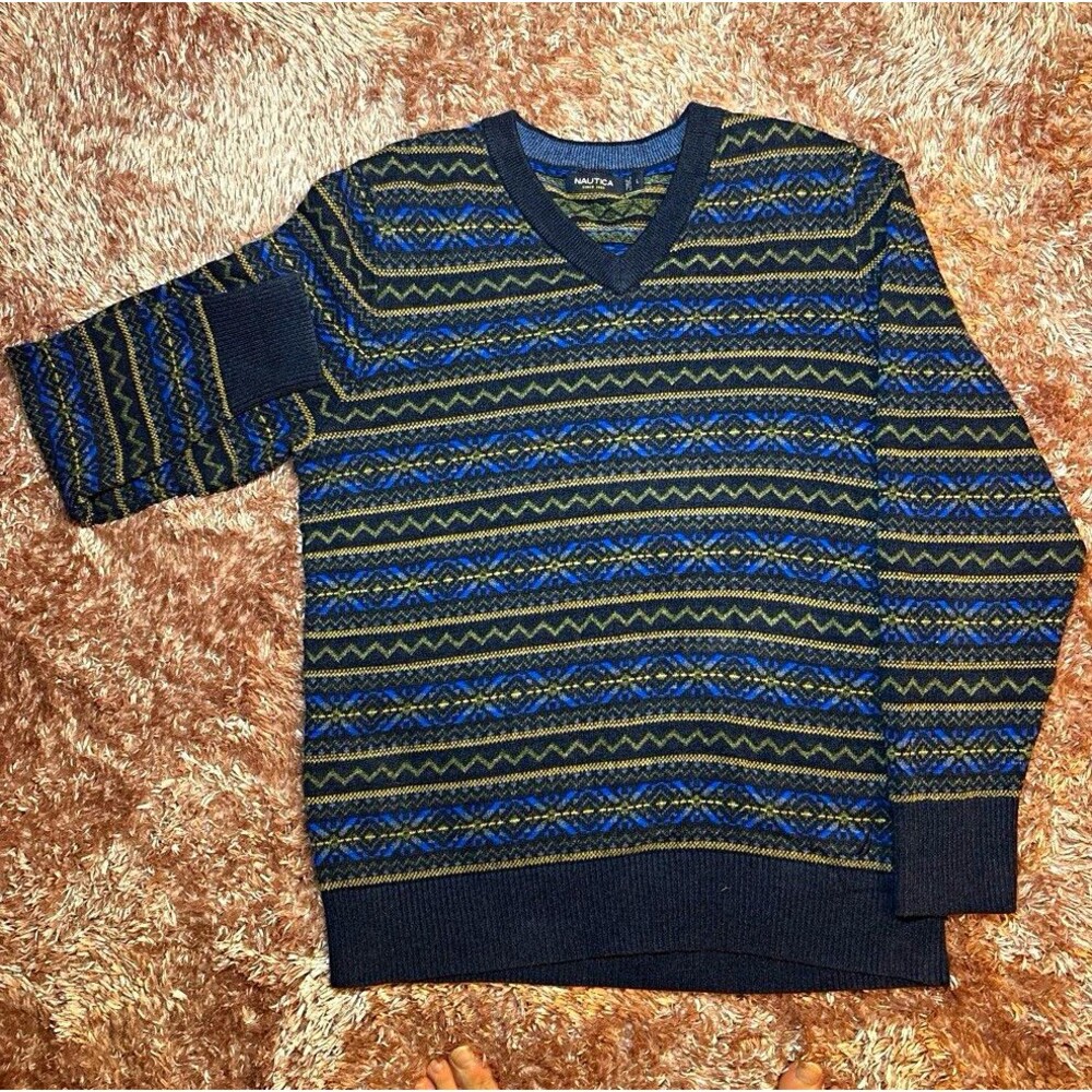 Nautica Men’s L Regular V-Neck Knit Pullover Sweater Geometric Navy Blue